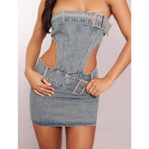 PrettyLittleThing Dress Womens 6 Green Tint Denim Cut Out Bandeau Mini Belted